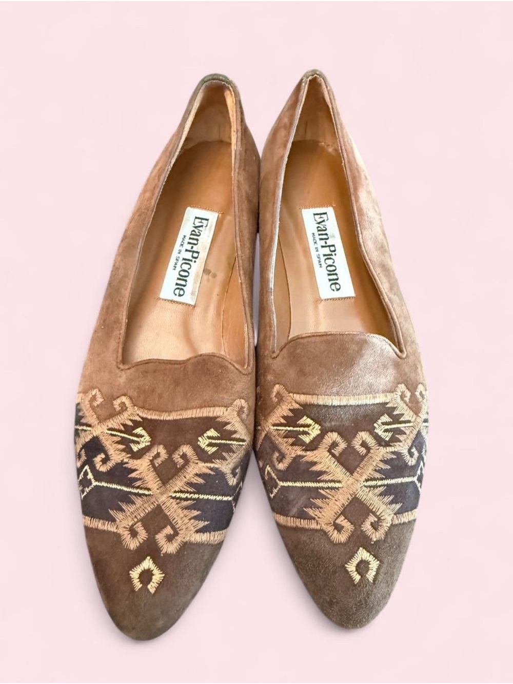 Evan Picone Brown Suede Embroidered Pointed Flats